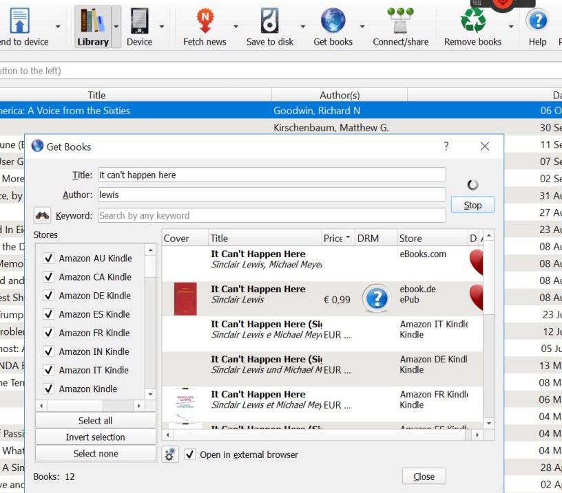 Screenshot of Calibre's book search feature