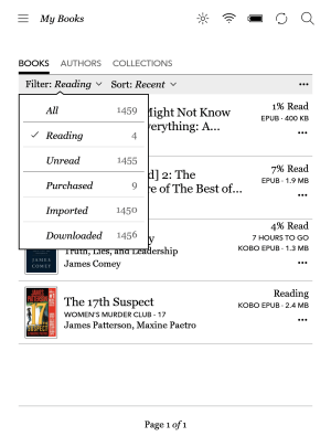 Kobo's filter option allows you to select from only those books you are currently reading.