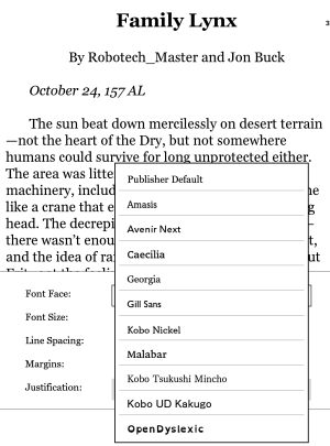 The Kobo Clara HD's font list.