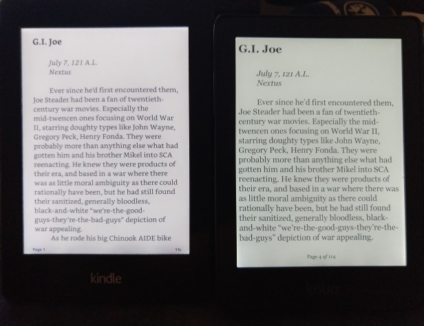 A side-by-side comparison of the Paperwhite and Clara at similar font sizes shows the Clara seems to have a better hyphenation algorithm, and also shows a little less text due to the wide gap for the page number display.