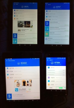 Clockwise from upper left: Fire 7, Nook Tablet 7, Moto X4, Teclast K87 Kindow.