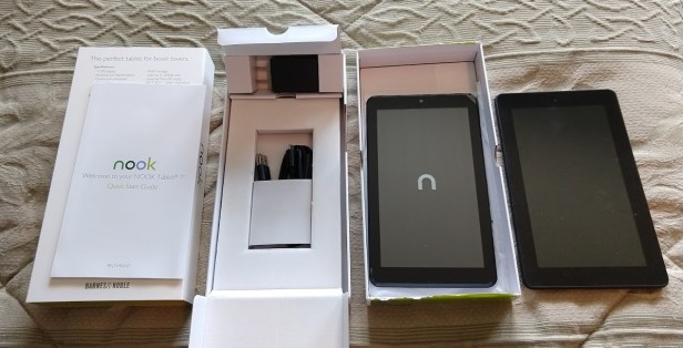 The contents of the Nook box, with the Fire 7 for a size comparison.