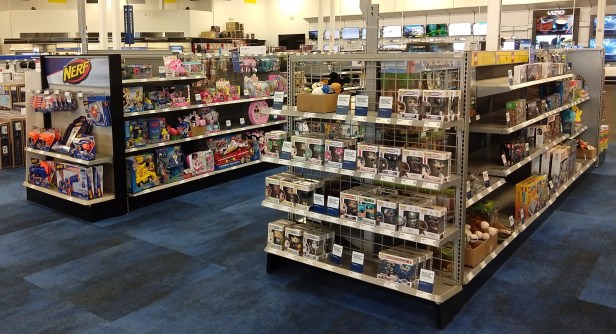 Part of the toy section in my local Best Buy. There are several more aisles out of view to the right.