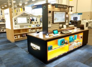 Amazon and Google home assistant accessories have their own island kiosks.